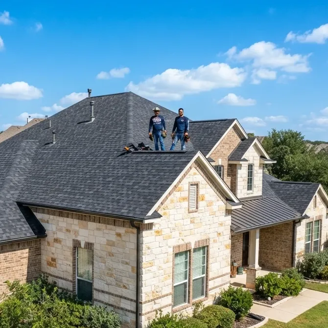Roofing professionals working on a residential roof